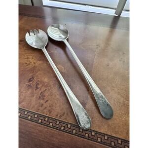 Vintage Sheffield England Silver Plate Serving Salad Set Spoon & Spork 9.5"